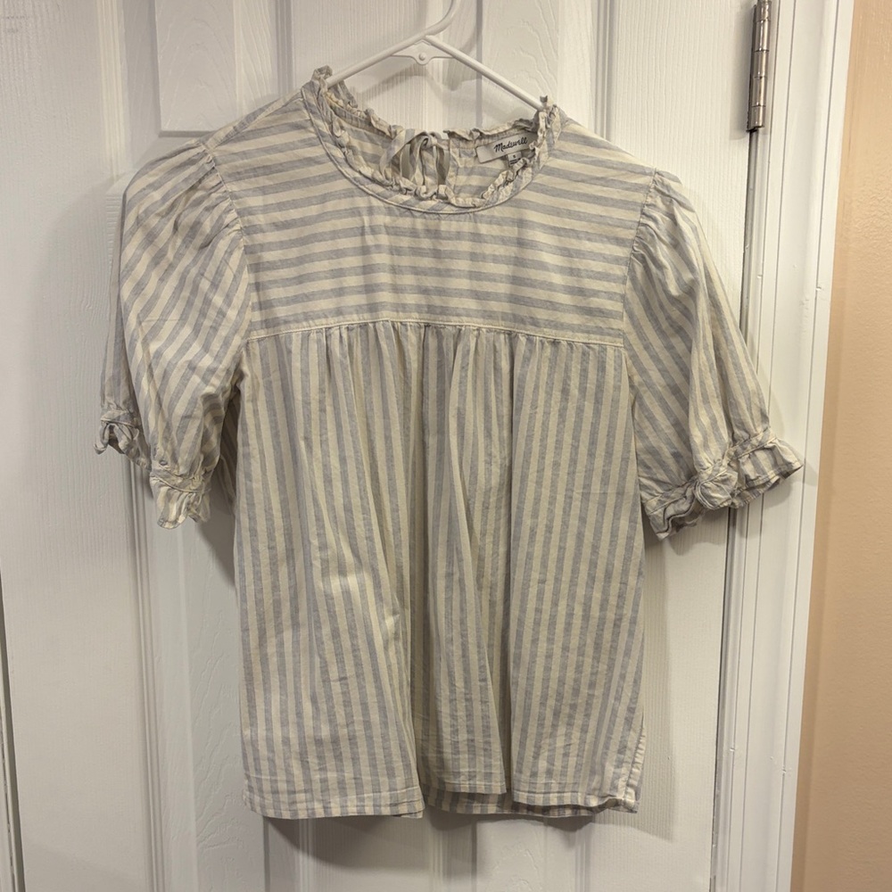Madewell Girls' Striped Ruffle-Neck Short Sleeve Top - Cream & Light Blue